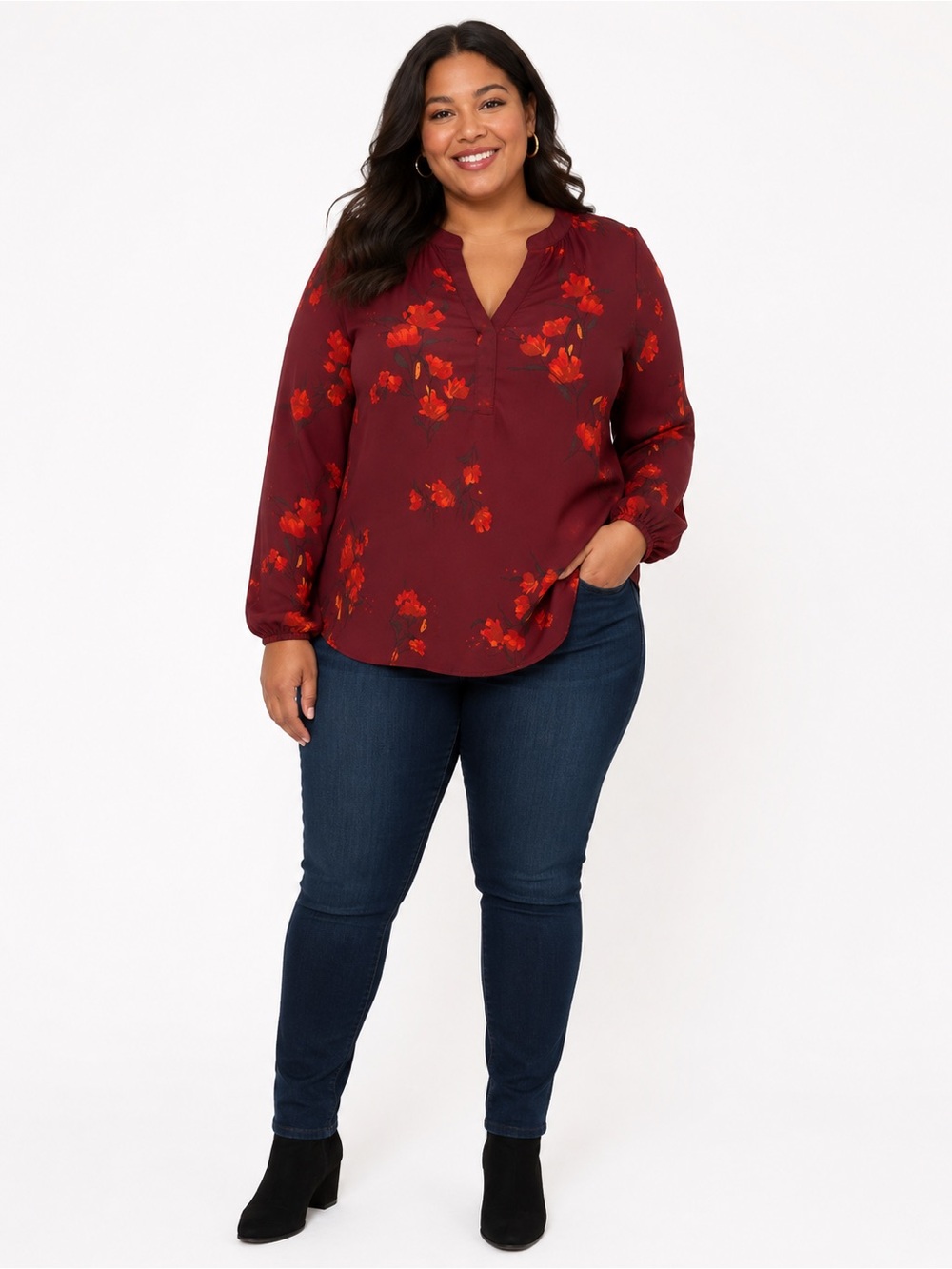 Ava & Viv 2X Burgundy Red Floral Long Sleeve Split Neck Blouse Plus Size